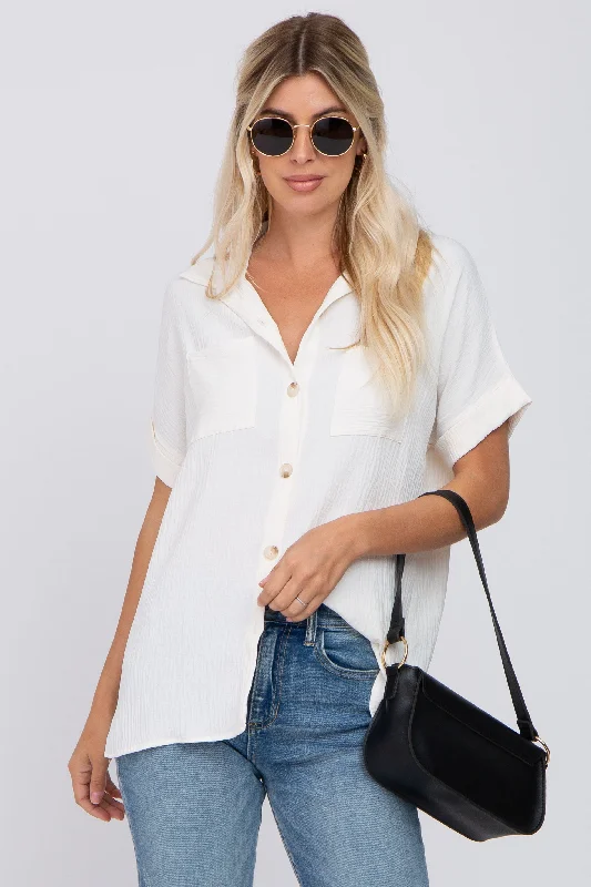 Nursing bras suitable for both pregnancy and postpartum-Ivory Collared Button-Down Short Sleeve Blouse