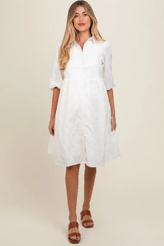 Best maternity bras for breastfeeding support-Ivory Floral Embroidered Collared Button Down Maternity Dress