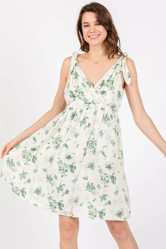 Nursing bras with a focus on style and fashion for formal events and special occasions-Ivory Green Floral Knotted Wrap V-Neck Dress Nursing bras with a focus on style and fashion for formal events and special occasions-Ivory Green Floral Knotted Wrap V-Neck Dress