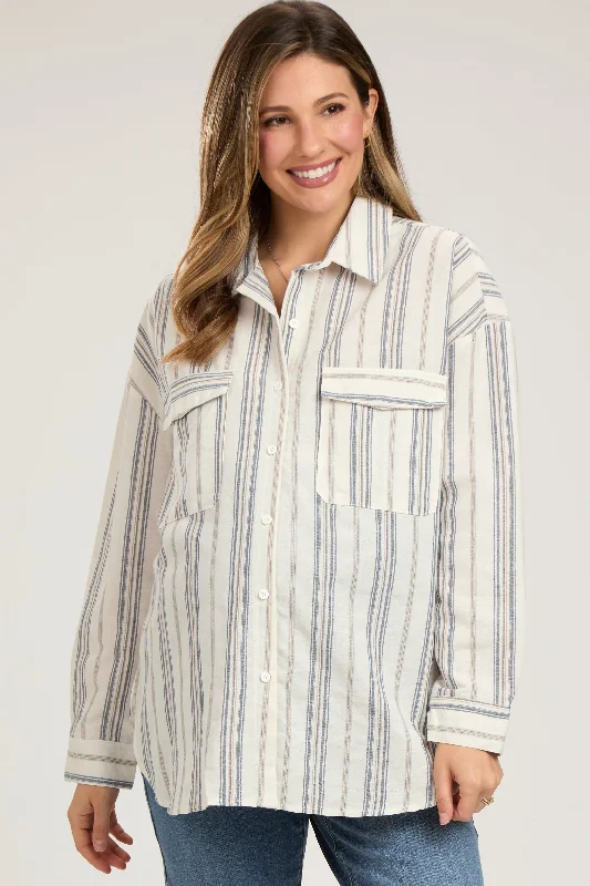 Maternity bras that are recommended by healthcare professionals-Ivory Striped Front Pocket Maternity Button Up Top