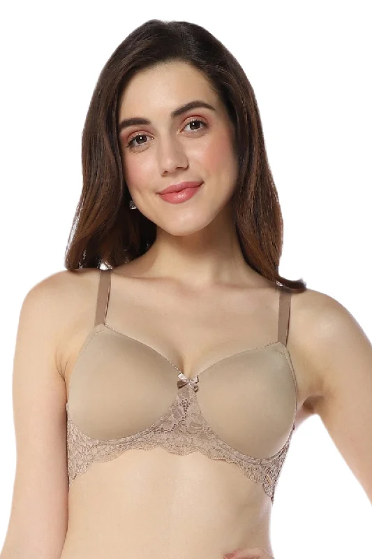 Affordable bras with maximum support-Lace Elegance Padded Non-Wired Bra - Stucco