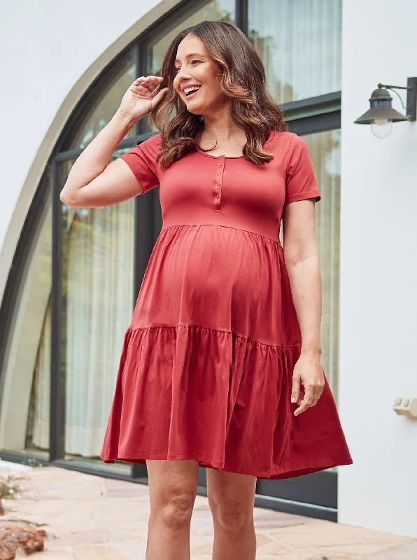 Maternity bras designed for women with sensitive breasts during postpartum recovery and breastfeeding-Lana Maternity Tiered Dress in Desert Red Maternity bras designed for women with sensitive breasts during postpartum recovery and breastfeeding-Lana Maternity Tiered Dress in Desert Red