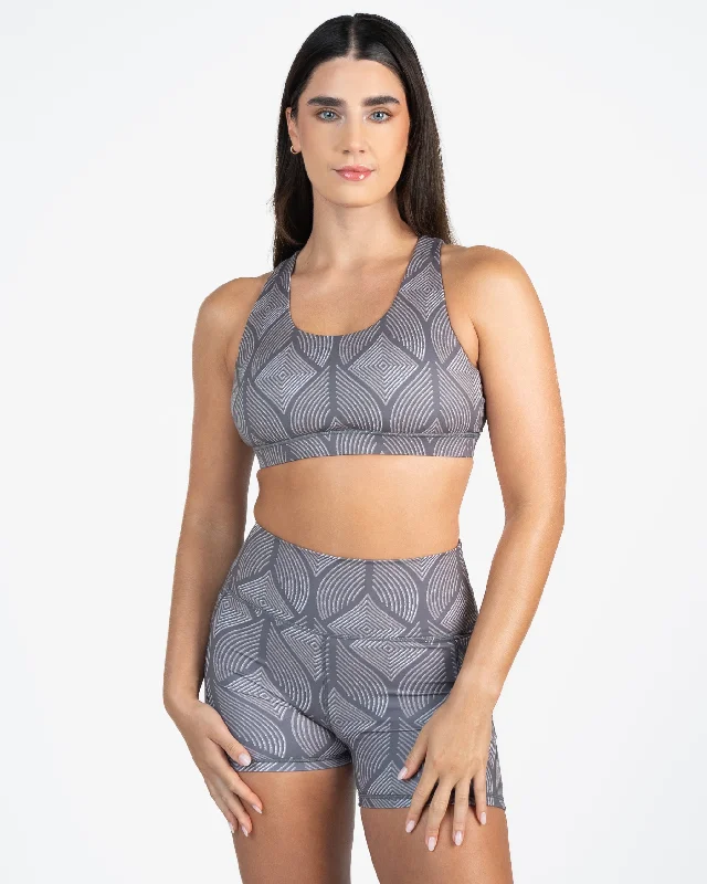 Sports bras with breathable fabric-Lattice Back Sports Bra - Grey Peacock