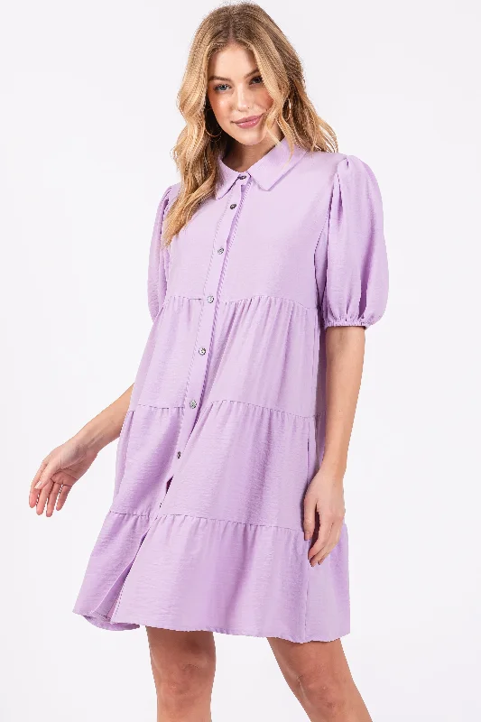 Maternity bras that are designed for women with back problems and support-Lavender Button Front Tiered Collared Dress Maternity bras that are designed for women with back problems and support-Lavender Button Front Tiered Collared Dress