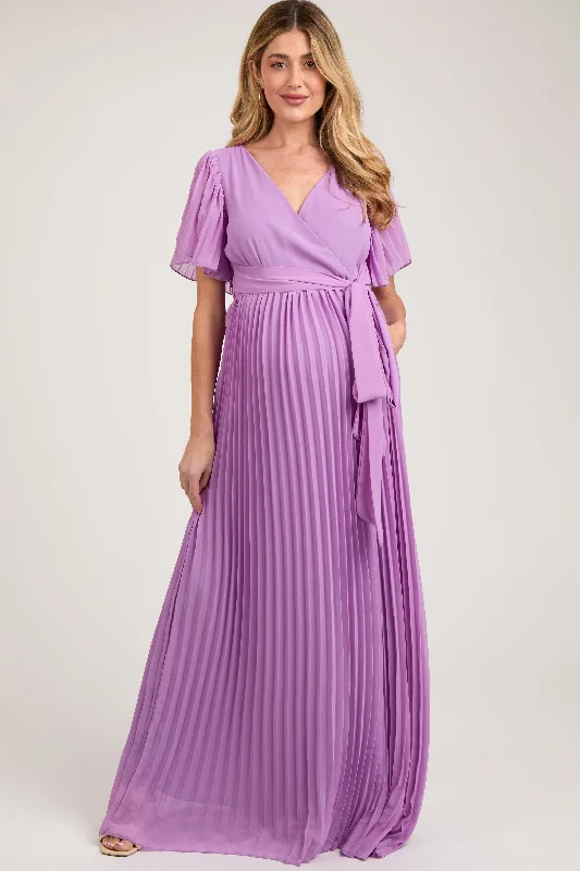 Maternity bras that are designed for women with back pain and support during postpartum recovery and breastfeeding-Lavender Chiffon Wrap Front V-Neck Short Sleeve Pleated Maternity Maxi Dress