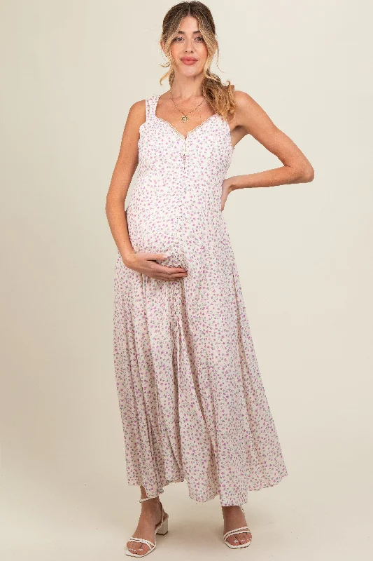 Nursing bras with a focus on style and fashion for special occasions and events during breastfeeding-Lavender Floral Button Down Maternity Maxi Dress