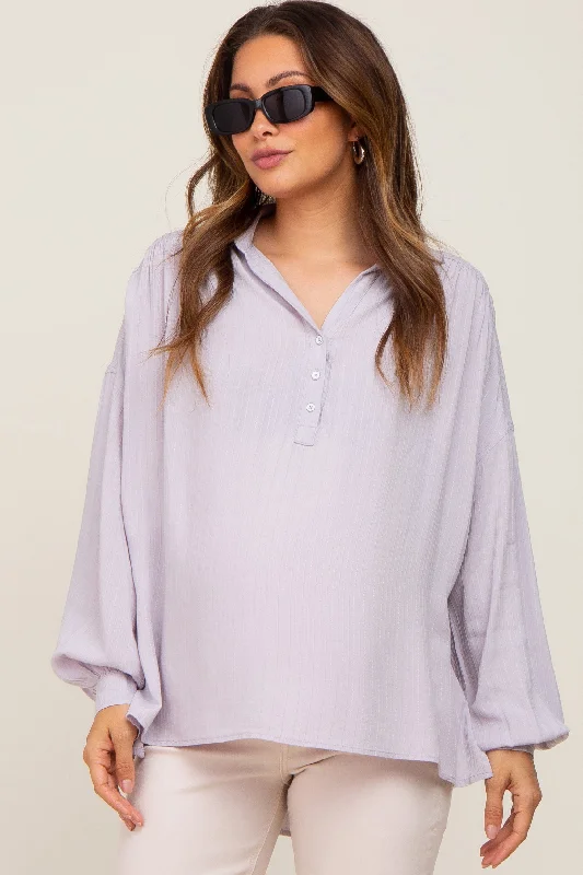 Nursing bras with a focus on ease of use for first-time breastfeeding mothers and new mothers during breastfeeding-Lavender Lightweight Striped Textured Collared Maternity Top