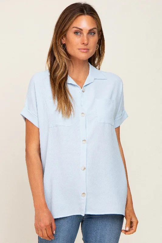 Nursing bras with a focus on comfort during long car rides and road trips-Light Blue Collared Button-Down Short Sleeve Blouse
