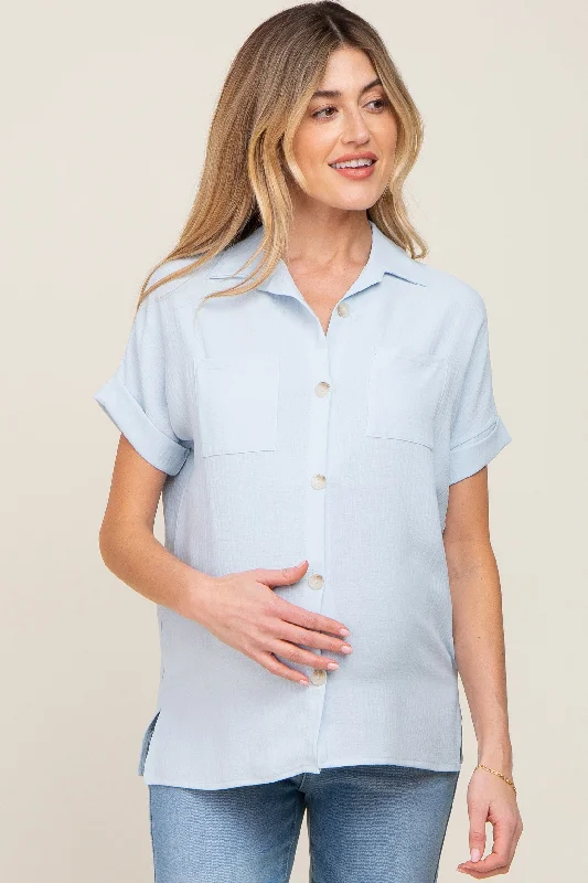 Maternity bras suitable for women with different skin types and sensitivities during breastfeeding-Light Blue Collared Button-Down Short Sleeve Maternity Blouse Maternity bras suitable for women with different skin types and sensitivities during breastfeeding-Light Blue Collared Button-Down Short Sleeve Maternity Blouse