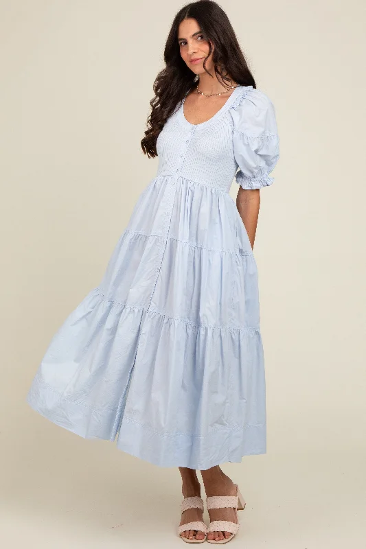 Maternity bras suitable for women with sensitive skin and allergies during pregnancy-Light Blue Contrast Top Tiered Midi Dress