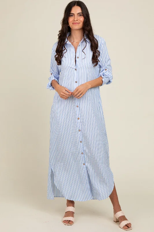 Nursing bras suitable for both pregnancy and postpartum-Light Blue Striped Button Down Maxi Dress