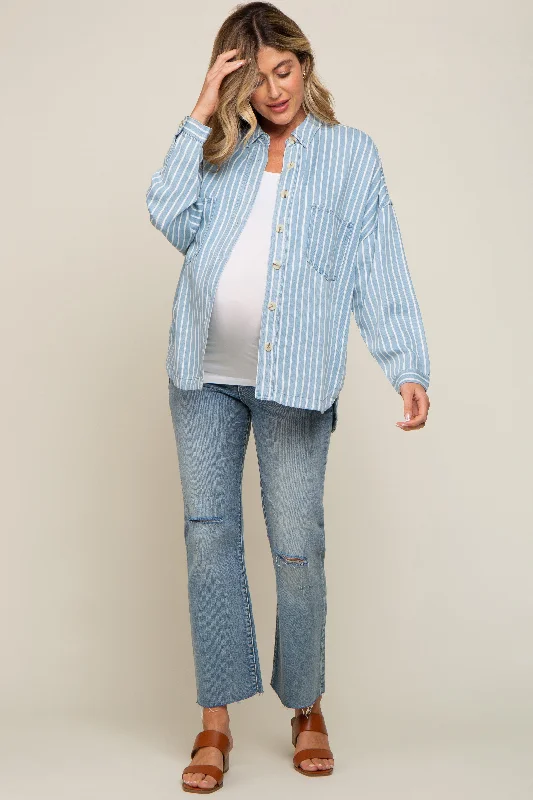 Maternity bras for plus size women with extra support-Light Blue Striped Front Pocket Button Up Maternity Top Maternity bras for plus size women with extra support-Light Blue Striped Front Pocket Button Up Maternity Top