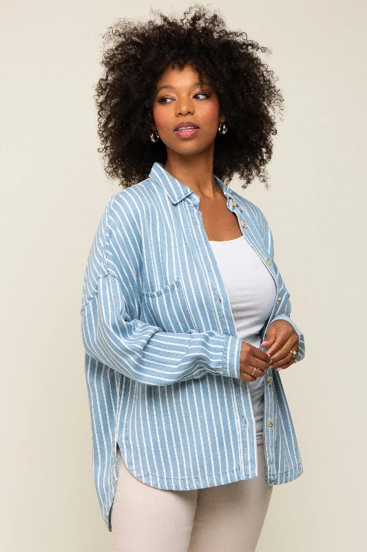 Nursing bras with a focus on comfort during travel and on-the-go feedings with a baby carrier during breastfeeding-Light Blue Striped Front Pocket Button Up Top