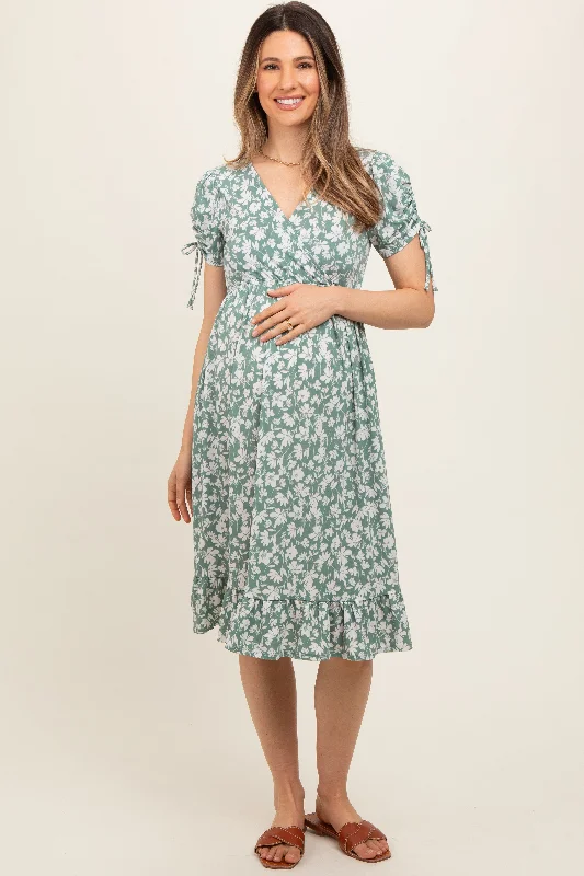 Maternity bras that are designed for women with back pain and support during postpartum recovery and breastfeeding-Light Olive Floral Wrap Maternity Midi Dress Maternity bras that are designed for women with back pain and support during postpartum recovery and breastfeeding-Light Olive Floral Wrap Maternity Midi Dress