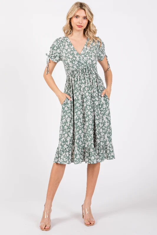 Nursing bras with a focus on ease of use for new mothers-Light Olive Floral Wrap Midi Dress