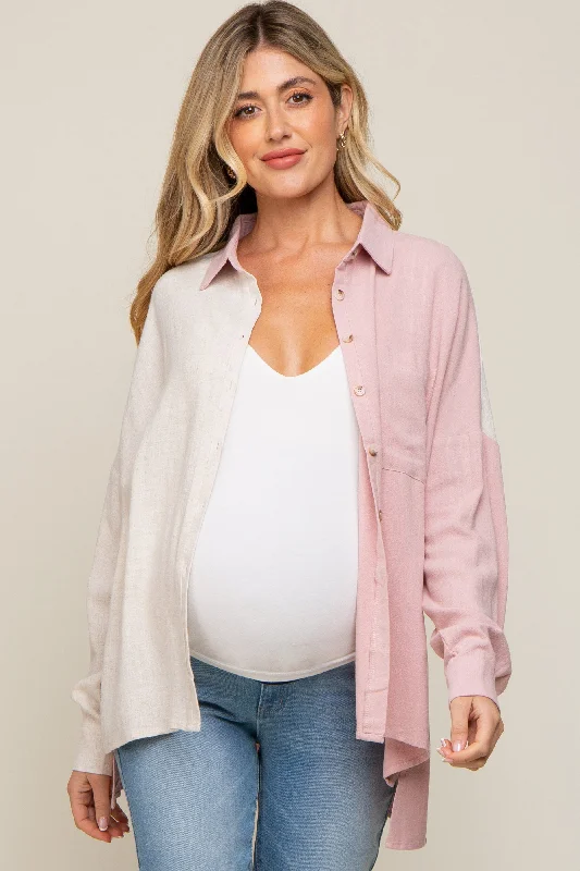 Nursing bras with a focus on comfort during outdoor activities and hiking-Light Pink Color Block Button Up Linen Maternity Top