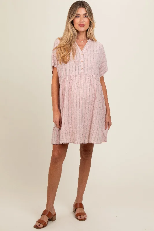 Nursing bras with a focus on support and stability-Light Pink Striped Button Front Maternity Dress
