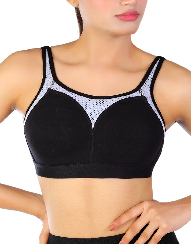 Comfortable sports bras for Pilates-Losha cotton double layered medium to high impact sports bra-Black