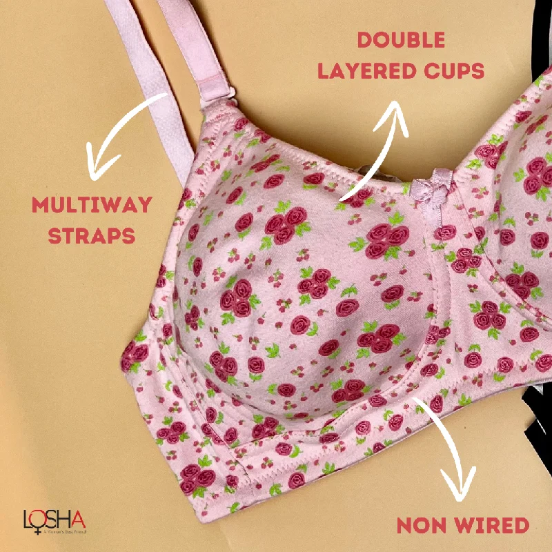 Cotton and lace bras for everyday wear-LOSHA COTTON DOUBLE LAYERED NON WIRED PRINTED BRA -BABY ROSE PRINT Cotton and lace bras for everyday wear-LOSHA COTTON DOUBLE LAYERED NON WIRED PRINTED BRA -BABY ROSE PRINT