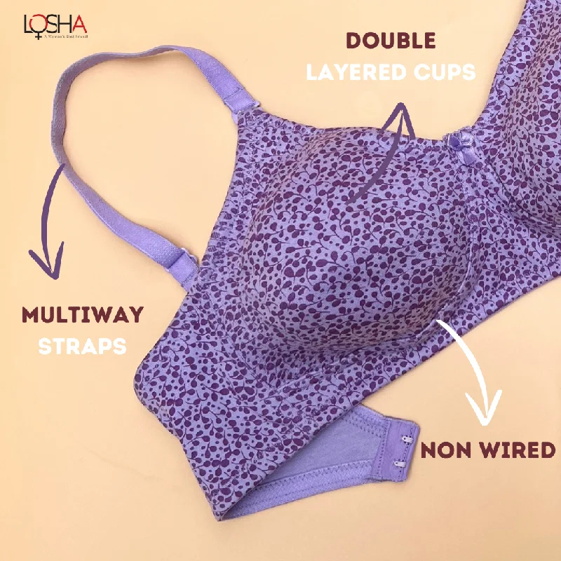 Wireless bralettes for relaxed fit-LOSHA COTTON DOUBLE LAYERED NON WIRED PRINTED WITH CONVERTIBLE STRAPS -LAVENDAR PRINT Wireless bralettes for relaxed fit-LOSHA COTTON DOUBLE LAYERED NON WIRED PRINTED WITH CONVERTIBLE STRAPS -LAVENDAR PRINT