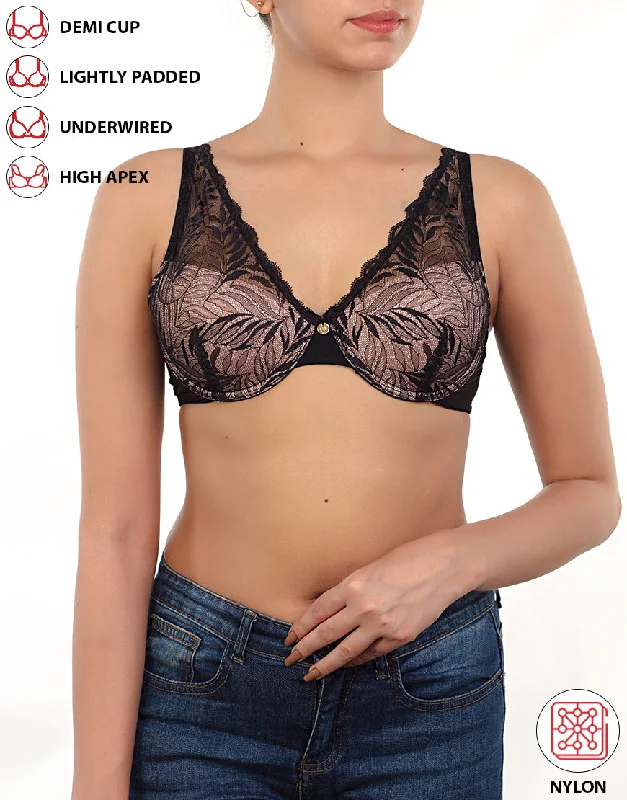 Adjustable bras for a perfect fit-LOSHA DEMI CUP HIGH APEX FEATHER LIGHT PADDED LACE CUP BRA-BLACK Adjustable bras for a perfect fit-LOSHA DEMI CUP HIGH APEX FEATHER LIGHT PADDED LACE CUP BRA-BLACK