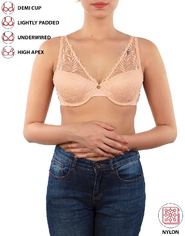 Supportive bras for active lifestyles-LOSHA DEMI CUP HIGH APEX FEATHER LIGHT PADDED LACE CUP BRA-ROSE CLOUD Supportive bras for active lifestyles-LOSHA DEMI CUP HIGH APEX FEATHER LIGHT PADDED LACE CUP BRA-ROSE CLOUD