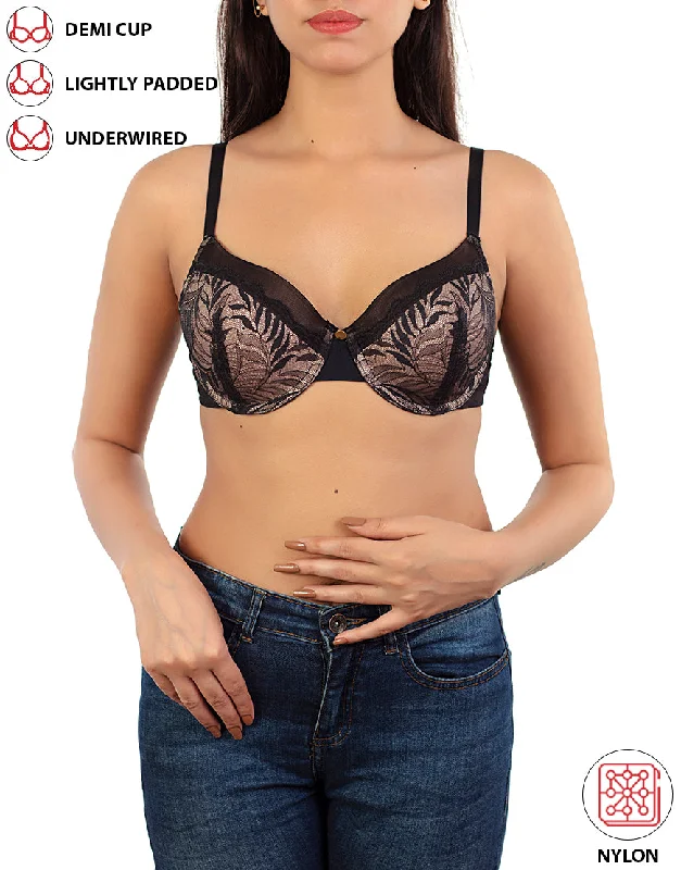 Best bras for round-shaped breasts-LOSHA FEATHER LIGHT PADDED LACE DEMI CUP BRA-BLACK Best bras for round-shaped breasts-LOSHA FEATHER LIGHT PADDED LACE DEMI CUP BRA-BLACK