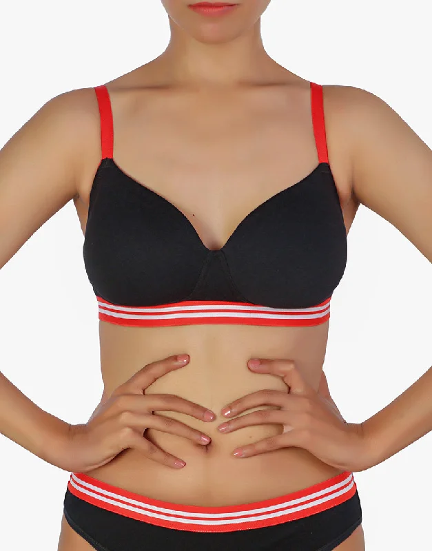 Sports bras for yoga and Pilates-LOSHA LIGHTLY PADDED NON WIRED TSHIRT BRA WITH STRIPED ELASTIC WAIST BAND-BLACK Sports bras for yoga and Pilates-LOSHA LIGHTLY PADDED NON WIRED TSHIRT BRA WITH STRIPED ELASTIC WAIST BAND-BLACK