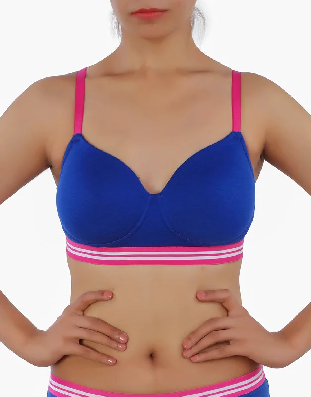 Light support bras for smaller busts-LOSHA LIGHTLY PADDED NON WIRED TSHIRT BRA WITH STRIPED ELASTIC WAIST BAND-BLUE