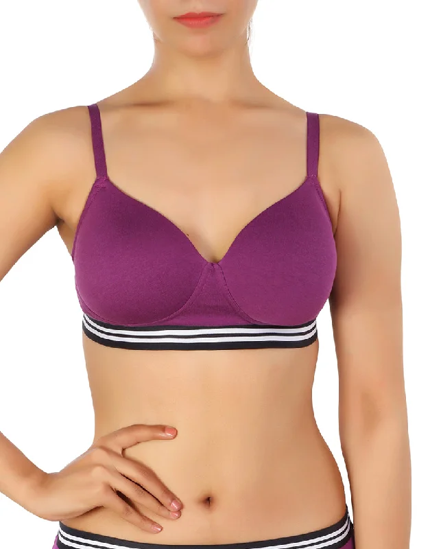 Lace bras for romantic occasions-LOSHA LIGHTLY PADDED NON WIRED TSHIRT BRA WITH STRIPED ELASTIC WAIST BAND-PURPLE
