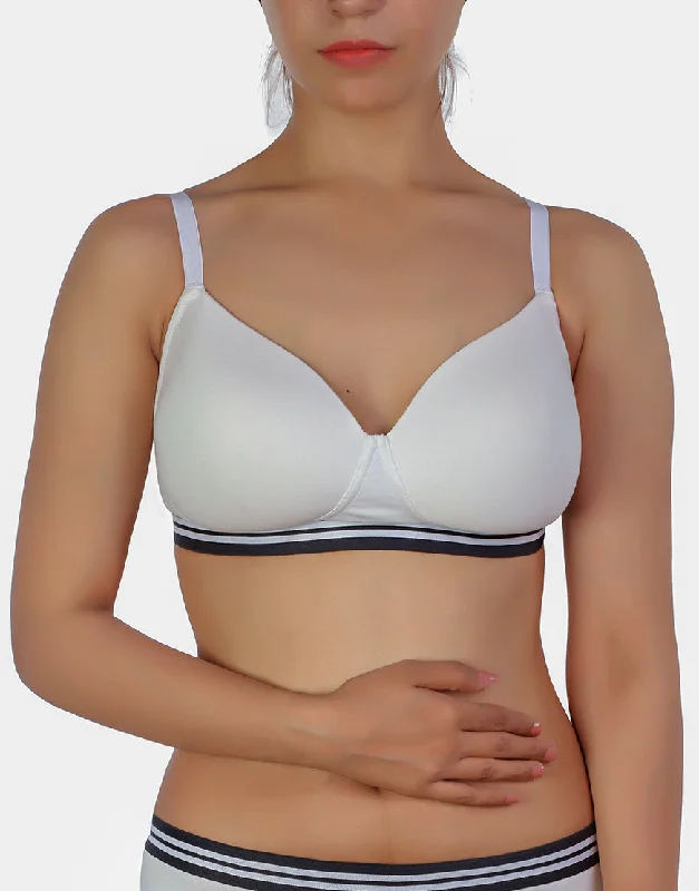 Cotton bras for comfort and breathability-LOSHA LIGHTLY PADDED NON WIRED TSHIRT BRA WITH STRIPED ELASTIC WAIST BAND-WHITE Cotton bras for comfort and breathability-LOSHA LIGHTLY PADDED NON WIRED TSHIRT BRA WITH STRIPED ELASTIC WAIST BAND-WHITE
