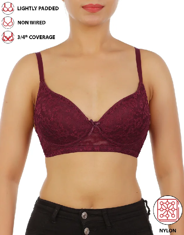 Sports bras for weight lifting-LOSHA LIGHTLY PADDED WIRE-FREE 3/4TH COVERAGE ALL OVER LACE BRA- FIG Sports bras for weight lifting-LOSHA LIGHTLY PADDED WIRE-FREE 3/4TH COVERAGE ALL OVER LACE BRA- FIG