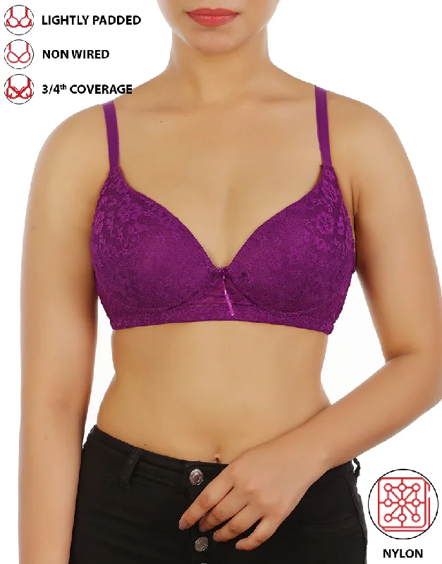 High-performance bras for sports enthusiasts-LOSHA LIGHTLY PADDED WIRE-FREE 3/4TH COVERAGE ALL OVER LACE BRA- GRAPE JUICE High-performance bras for sports enthusiasts-LOSHA LIGHTLY PADDED WIRE-FREE 3/4TH COVERAGE ALL OVER LACE BRA- GRAPE JUICE