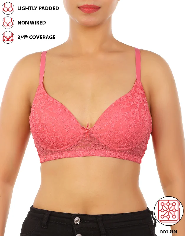 Strapless bras with silicone lining for security-LOSHA LIGHTLY PADDED WIRE-FREE 3/4TH COVERAGE ALL OVER LACE BRA- PINK LEMONADE