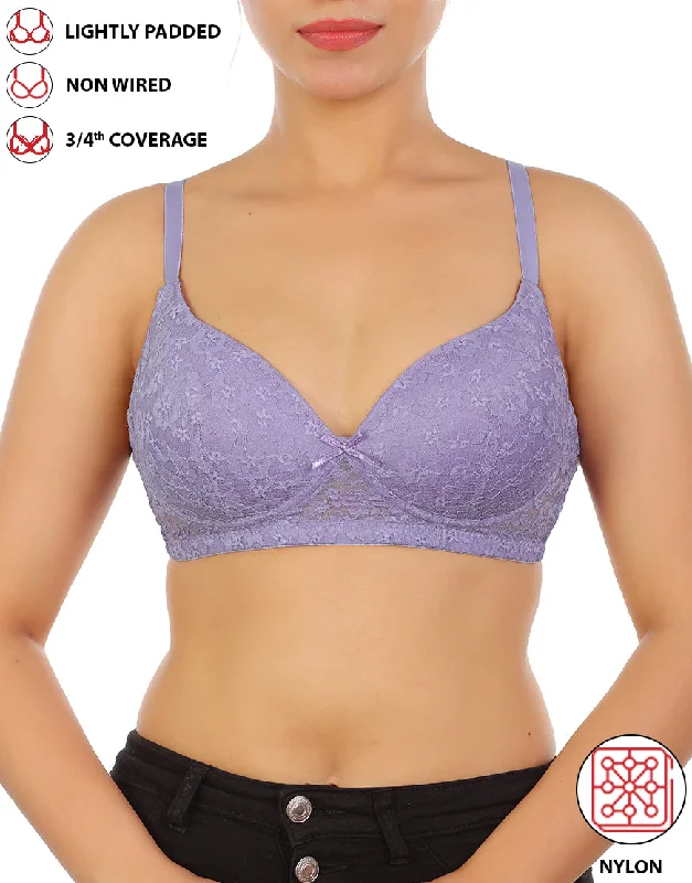 Women's bras for low back dresses-LOSHA LIGHTLY PADDED WIRE-FREE 3/4TH COVERAGE ALL OVER LACE BRA- VOILET TULIP Women's bras for low back dresses-LOSHA LIGHTLY PADDED WIRE-FREE 3/4TH COVERAGE ALL OVER LACE BRA- VOILET TULIP