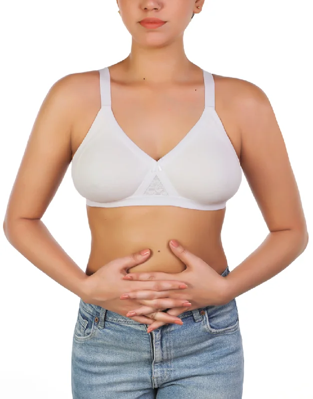 Padded bras for extra volume-Losha Wirefree Super Support Cotton bra With Touch Of Lace -White Padded bras for extra volume-Losha Wirefree Super Support Cotton bra With Touch Of Lace -White