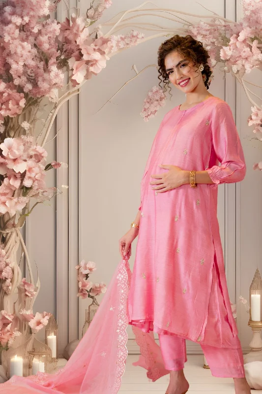 Nursing bras with a focus on style and fashion for formal events and special occasions during breastfeeding-Luxe Chanderi Rose Pink Embroidered Maternity & Nursing Kurta + Bump Band Bottom + Dupatta (3 Pc) Nursing bras with a focus on style and fashion for formal events and special occasions during breastfeeding-Luxe Chanderi Rose Pink Embroidered Maternity & Nursing Kurta + Bump Band Bottom + Dupatta (3 Pc)