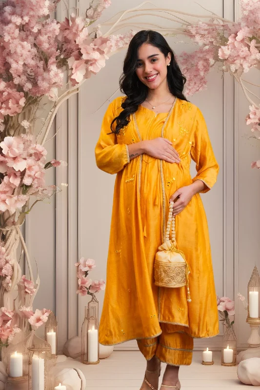Maternity bras that are compatible with breast pumps and nursing pads during breastfeeding-Luxe Chanderi Turmeric Embroidered Maternity & Nursing Kurta + Bump Band Bottom + Cover Up (3 Pc) Maternity bras that are compatible with breast pumps and nursing pads during breastfeeding-Luxe Chanderi Turmeric Embroidered Maternity & Nursing Kurta + Bump Band Bottom + Cover Up (3 Pc)