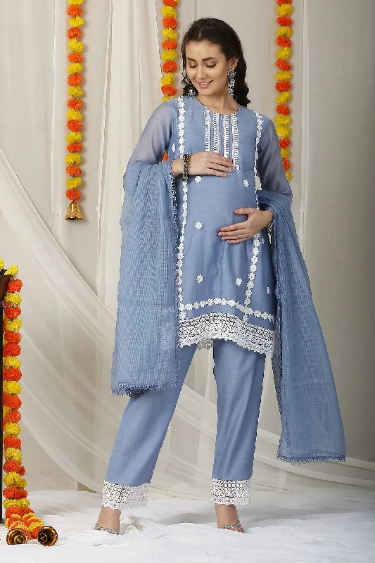 Maternity bras suitable for women with larger breasts and extra lift during postpartum recovery and breastfeeding-Luxe Grayish-Blue Chanderi Maternity & Nursing Kurta + Bump Band Bottom + Dupatta (3 Pc) Maternity bras suitable for women with larger breasts and extra lift during postpartum recovery and breastfeeding-Luxe Grayish-Blue Chanderi Maternity & Nursing Kurta + Bump Band Bottom + Dupatta (3 Pc)