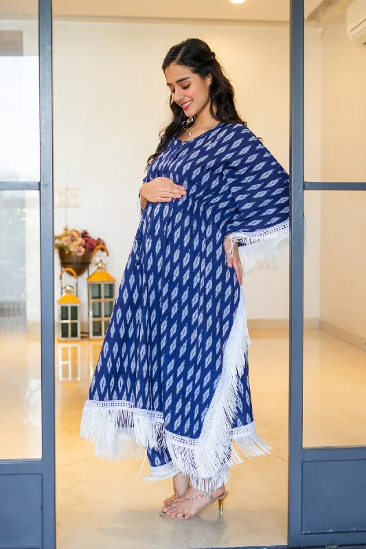 Maternity bras suitable for women with back problems and support during postpartum recovery and breastfeeding-Luxe Indigo Blue Ikat Maternity & Nursing Kaftan Coord Set (100% Cotton) (2 Pc)