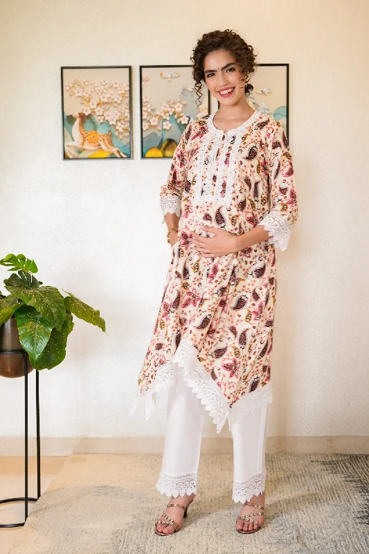 Nursing bras with a focus on style and fashion for everyday wear and casualLuxe Ivory Tropical Leafy Maternity & Nursing Kurta + Bump Band Bottom (2 Pc)