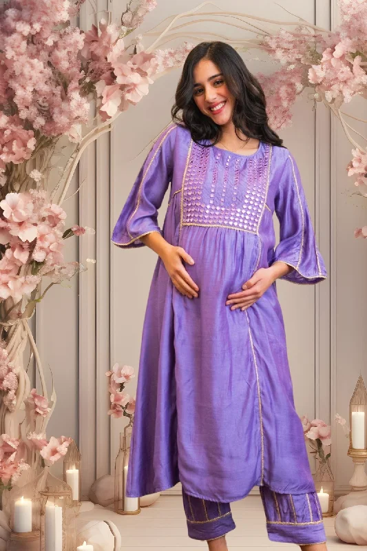 Maternity bras suitable for women with different skin types and sensitivities during breastfeeding-Luxe Lilac Embroidered Chanderi Maternity Kurta + Bump Band Bottom (2 Pc)