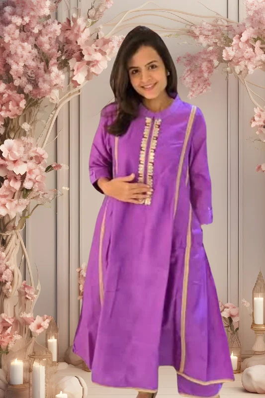 Maternity and nursing bras made from organic materials-Luxe Purple Chanderi Maternity & Nursing Kurta + Bump Band Bottom + Dupatta (3 Pc) Maternity and nursing bras made from organic materials-Luxe Purple Chanderi Maternity & Nursing Kurta + Bump Band Bottom + Dupatta (3 Pc)