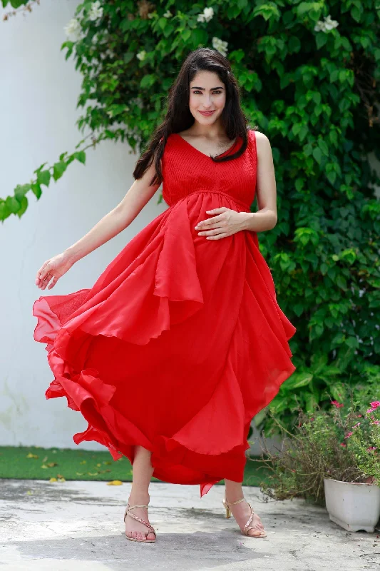 Maternity bras for women with larger busts and extra support-Luxe Scarlet Maternity & Nursing Pintucks Flow Dress