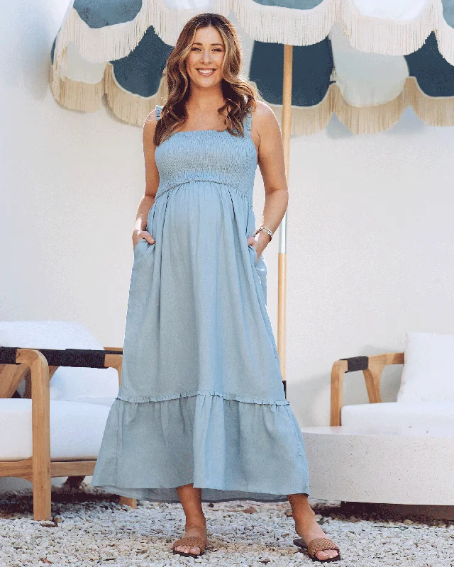 Maternity bras with a focus on affordability and budget-friendliness-Margot Maternity Shirred Dress in Light Blue Maternity bras with a focus on affordability and budget-friendliness-Margot Maternity Shirred Dress in Light Blue