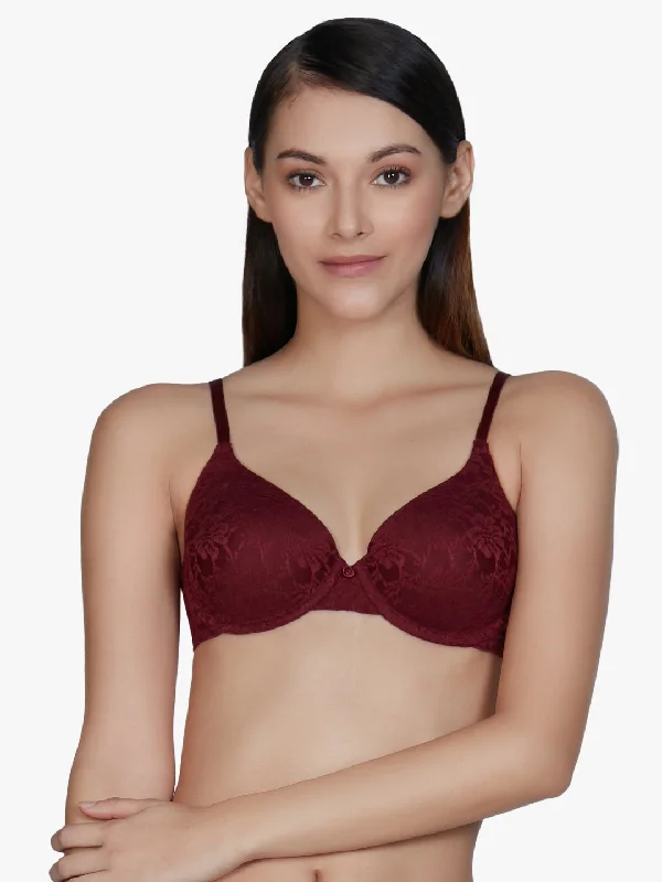 Lace-up bras for fashionable look-Floral Romance Padded Wired Bra - Maroon