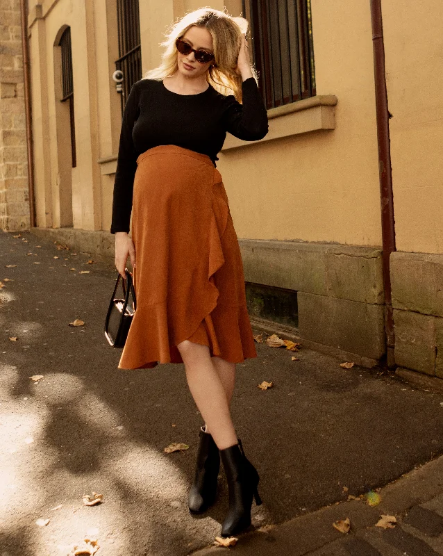 Maternity bras that are recommended by lactation consultants and breastfeeding experts during breastfeeding-Christie Maternity Wrap Midi Skirt in Vegan Suede