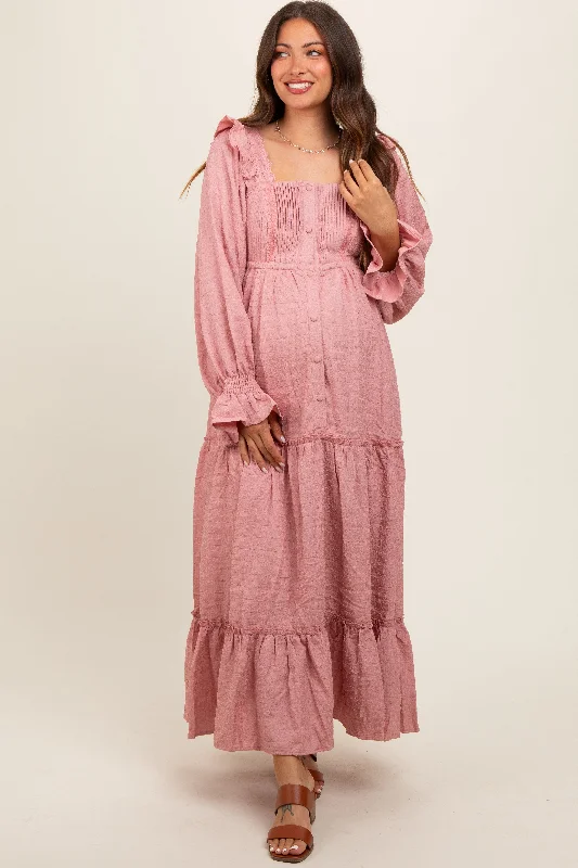Maternity bras that are designed for women with smaller breasts and lift during breastfeeding-Mauve Button Pleated Front Square Neck Ruffle Tiered Maternity Maxi Dress Maternity bras that are designed for women with smaller breasts and lift during breastfeeding-Mauve Button Pleated Front Square Neck Ruffle Tiered Maternity Maxi Dress