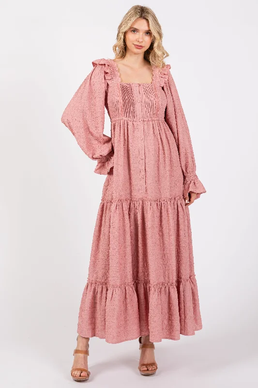 Nursing bras with a focus on comfort during long walks and strolls with a stroller during breastfeeding-Mauve Button Pleated Front Square Neck Ruffle Tiered Maxi Dress Nursing bras with a focus on comfort during long walks and strolls with a stroller during breastfeeding-Mauve Button Pleated Front Square Neck Ruffle Tiered Maxi Dress