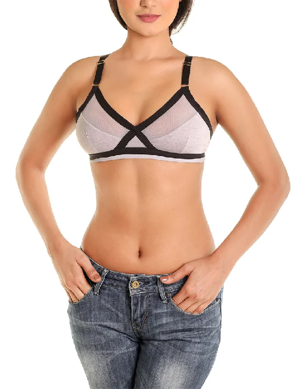 Padded bras for extra volume-MESH AND STRETCH COTTON CROSSOVER BRALETTE-GREY